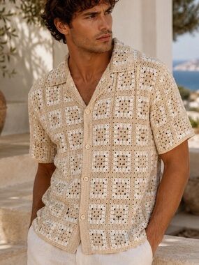 Sandstone Men’s  Beige Crochet Short-Sleeve Button-Down Shirt Small NWT
